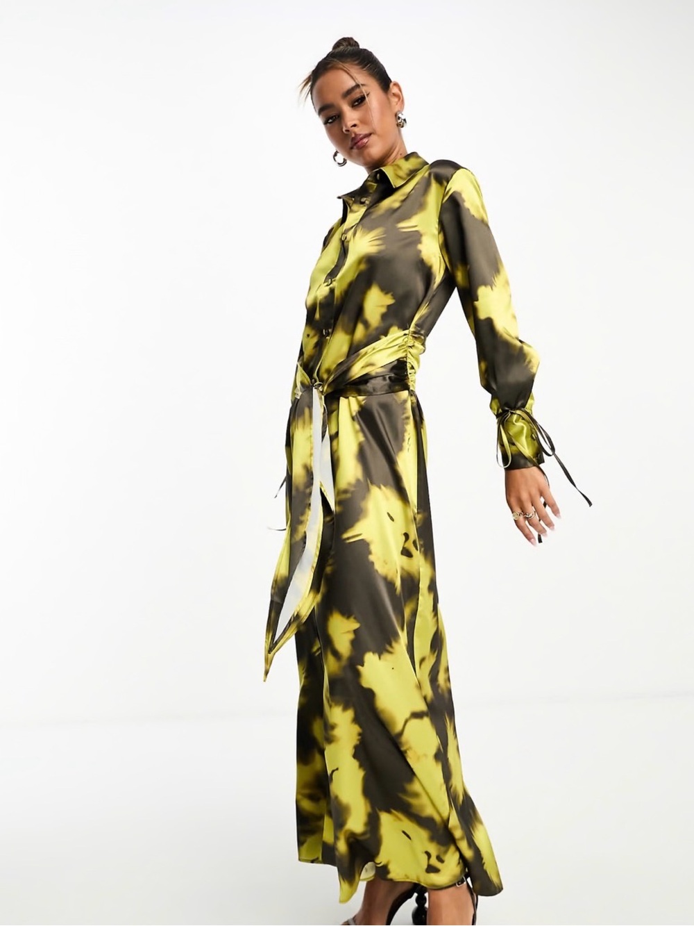 ASOS Design Yellow & Black Tie-Dye Satin Maxi Shirt Dress
